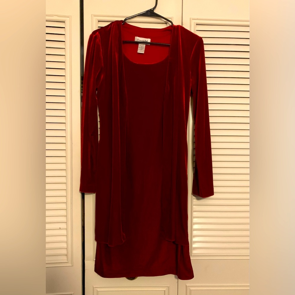 Vintage 90s Red Velvet Dress Connected Women’s Size 6 Attached Sweater